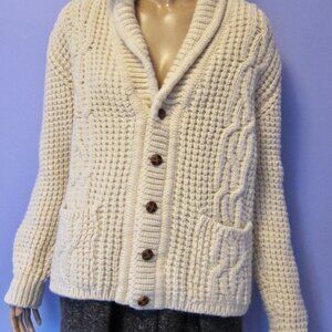 Vintage 70s I.MAGNIN IRISH WOOL FISHERMAN CARDIGAN SWEATER POCKETS SHAWL COLLAR